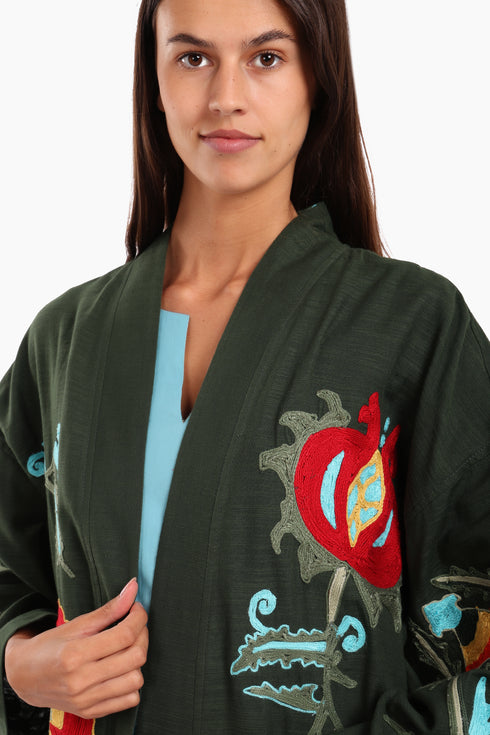 Fully embroidered short coat in cotton slub with pockets